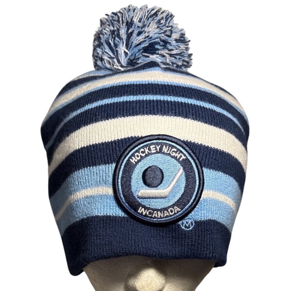 Hockey Night In Canada Blue White Striped Knit Beanie With Pom Budweiser